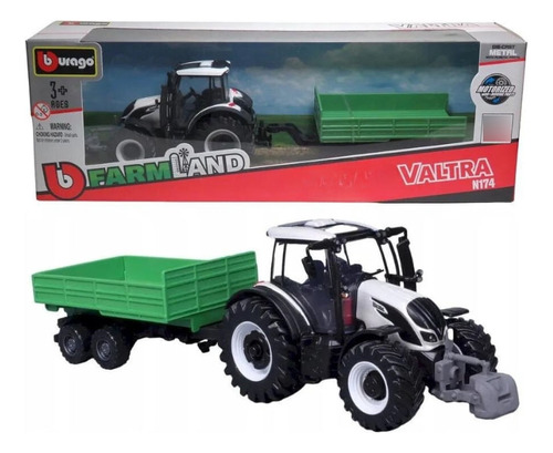 Miniatura Trator Valtra N174 Com Carreta Branco Bburago 3167