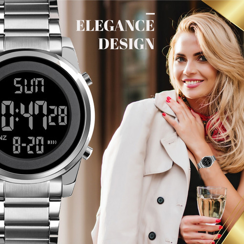 Imagen 6 de 8 de Reloj Elegante Burk 1611 Digital Cronometro Alarma Luz ! Color De La Malla Plateado