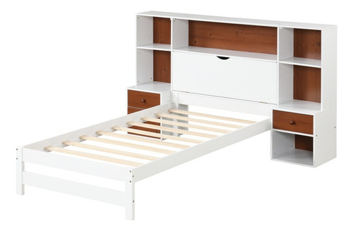 Base De Cama Individual Blanca Con Estantes Y Mesitas Gpl