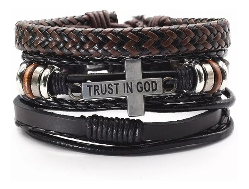 Pulseira Masculina De Couro Trust In God Top Bracelete