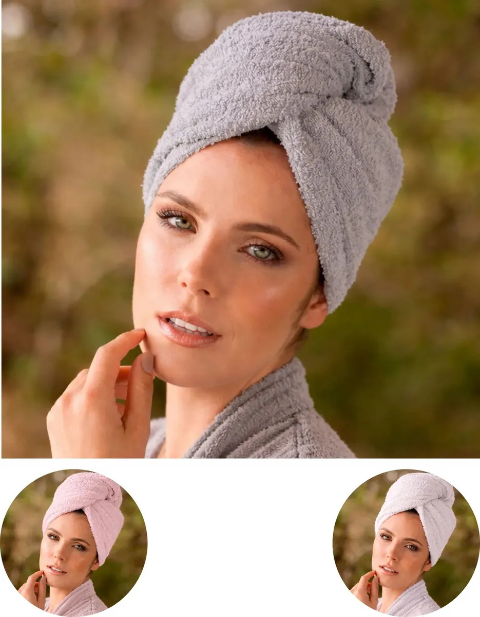 Touca Toalha Turbante Feminina para Cabelo com Botão Mágico 100% Algodão Grosso Superabsorvente Secagem Rápida Pós Banho Atoalhada para Enrolar Fios Cinza Macia Leve Uso Doméstico 
