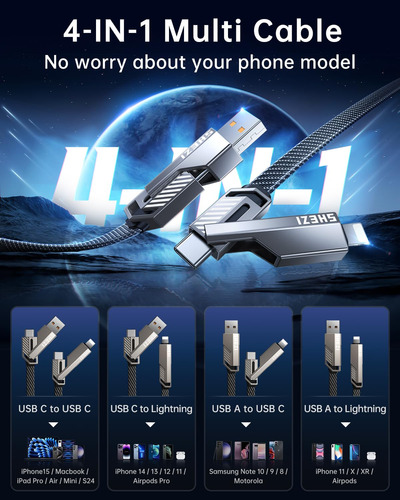 Cable Shezi 4 En 1 Usb C A Lightning De 1,5 M Y 60 W Para Ip