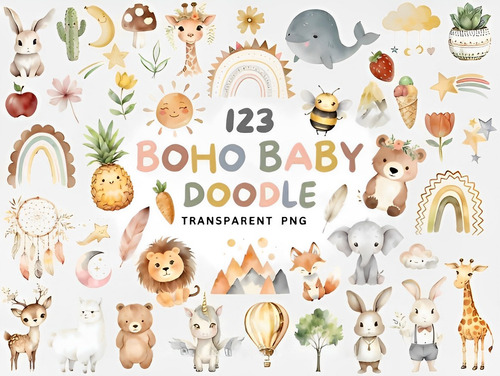 Kit Imagenes Png Clipart- Animales Boho Bebe Acuarela Diseño
