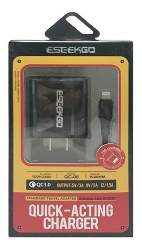 Imagen 2 de 3 de Cargador Qc3.0 De Carga Rapida Eseekgo Ligthning Color Negro