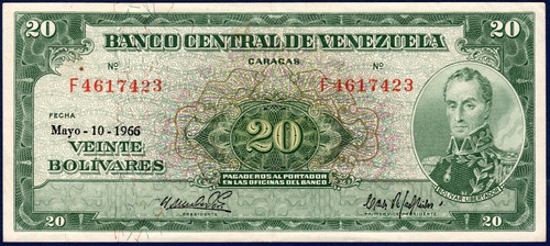 Billete De 20 Bolívares F7 Mayo 10 De 1966 Simón Bolívar