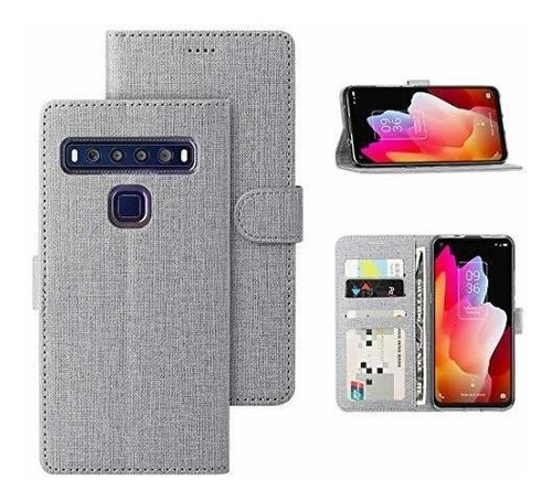 Funda Tcl 10l Estilo Billetera Cuero Sintetico Gris Slim