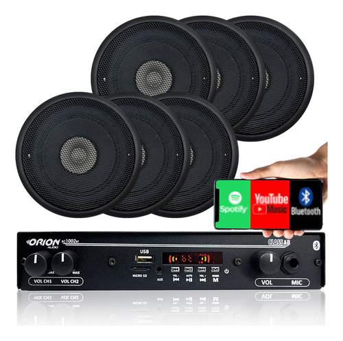 Kit 6 Caixas Som Ambiente Teto 5p Pt+ Amplificador Bluetooth