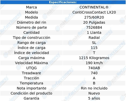 Llanta 275/60r20 115t Sl Continental Conticrosscontact Lx20