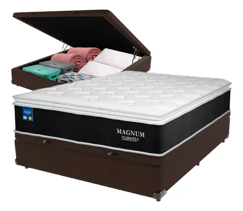 Cama Box Baú Casal Marrom + Colchão Magnum Molas Plumatex
