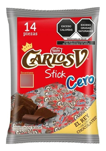 Chocolate Carlos V Stick Sin Azúcar 112 Gr Bolsa Con 14 Piez