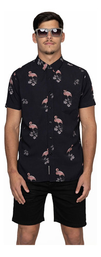 Camisa Manga Corta Full Print Estampada Flamingo Rever Pass