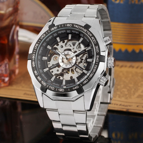 Mens Automatic Mechanical Watch:steel Band Hollow-out Design