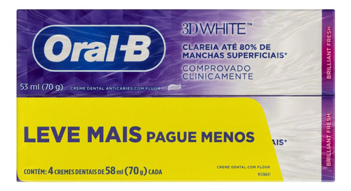 Pack Creme Dental Oral-B 3D White Brilliant Fresh Caixa 4 Unidades 70g Cada Leve Mais Pague Menos
