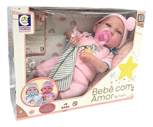 Boneca Bebê Com Amor Cotiplás Reborn Acessórios 40cm Vinil