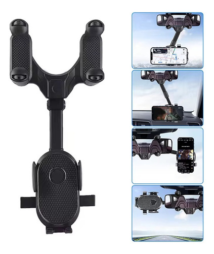 Soporte Teléfono Para Espejo Retrovisor Ajustable Y Rotación Negro