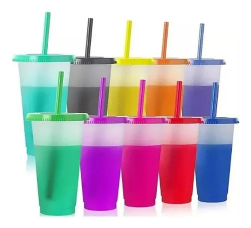 10 Vasos Mágicos 700ml Cambian Color Con Tapa Y Popote,dh