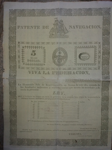 Patente De Navegación Viva La Confederación Argentina 1846