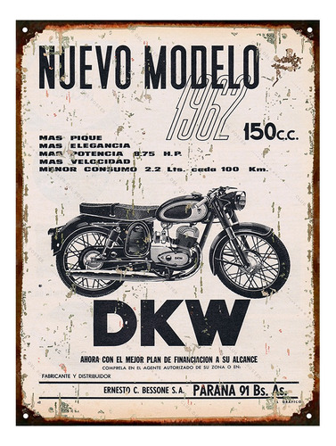 Cartel Chapa Publicidad Antigua 1936 Moto Dkw Rt 250 L295