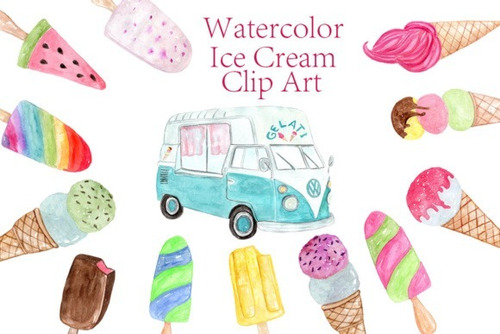 Kit Imágenes Digitales Foodtruck Helados Watercolor Icecream