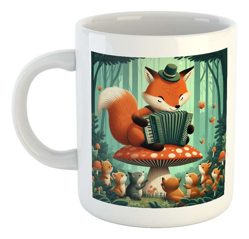 Taza Ceramica Zorro Tocando El Acordeon Bosque M4