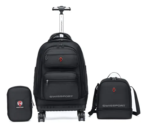 Mochila De Rodinhas Juvenil Swissport Lancheira E Estojo Cor Preto Desenho do tecido Liso