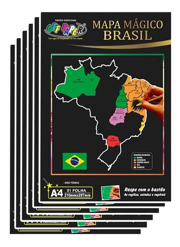 Papel Magico Mapa Brasil Raspar Raspadinha Off Paper 6 Folha Cor Preto