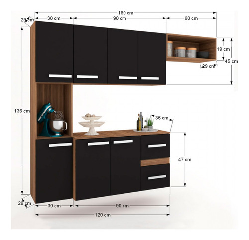 Cozinha Compacta 7 Portas 2 Gavetas Suspensa Armário E Cor Preto