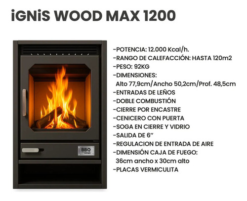 Estufa A Leña Bbq Ignis Wood Max 1200 Salamandra 120 Mt2