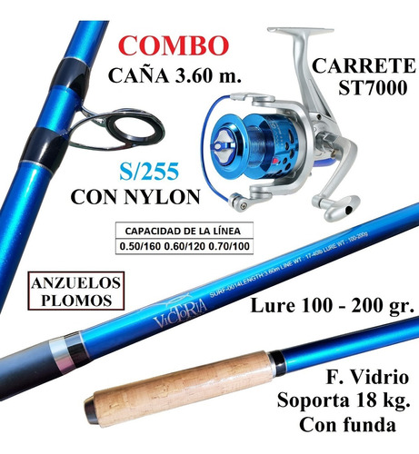 Caña Victoria 3.60m Carrete 7000 Pesca Nylon Anzuelos Plomos