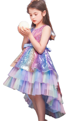 Vestido De Fiesta Color Arcoíris Niña Con Cola Y Lentejuela