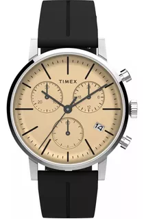 Reloj Timex Midtown Chronograph 40mm Synthetic Rubber Strap Color de la malla Negro Color del bisel Plateado Color del fondo Champán