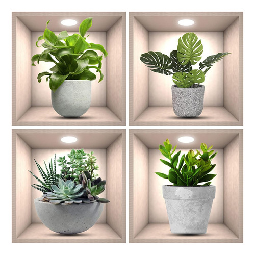 4 Pegatinas De Pared Con Plantas Verdes En 3d Para Decoració