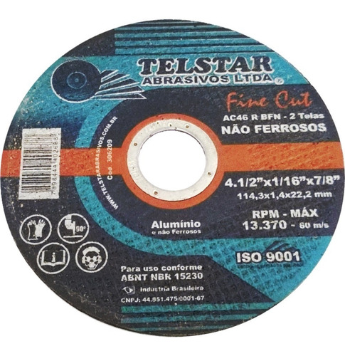 Disco Corte Aluminio Telstar 4.1/2 X 1,4mm X 7/8 C/5pç Cor Preto