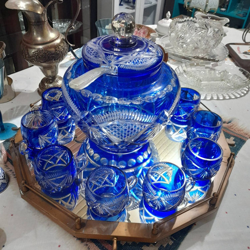 Imagem 3 de 10 de Poncheira Antiga Cristal Bohemia Double Overlay Azul Cobalto