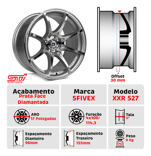 Jogo Roda Xxr 527 Aro 17x9 4x100 Offset 30 9kg Prata
