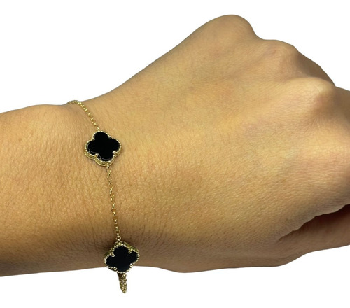 Pulseira Portuguesa Ouro 18k 750 5 Trevos Ônix 12 Mm