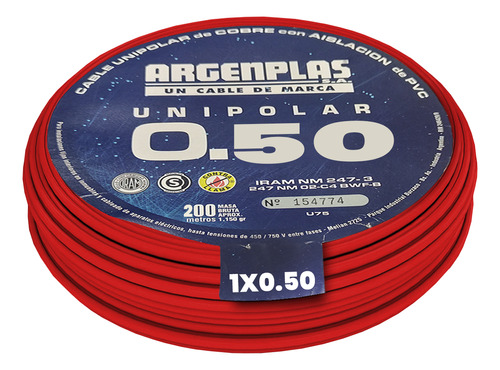 Cable Unipolar 0,50mm2 Pvc Rojo Argenplas (x 200mt)