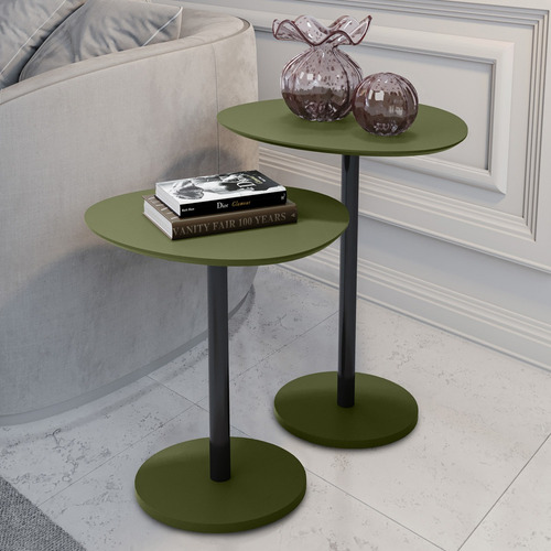 Conjunto Mesa Lateral Monopé Orgânica Em Mdf Pés De Aço Cor Verde