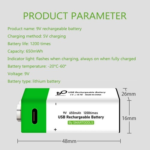 Imagem 5 de 7 de Tipo-c Porta Recarregável 9v Bateria De Lítio 650mah Alta