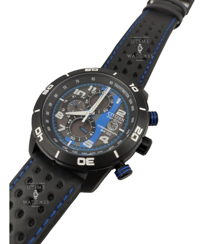 Reloj Citizen Primo Crono Sport  Negro Con Azul Pulso Cuero