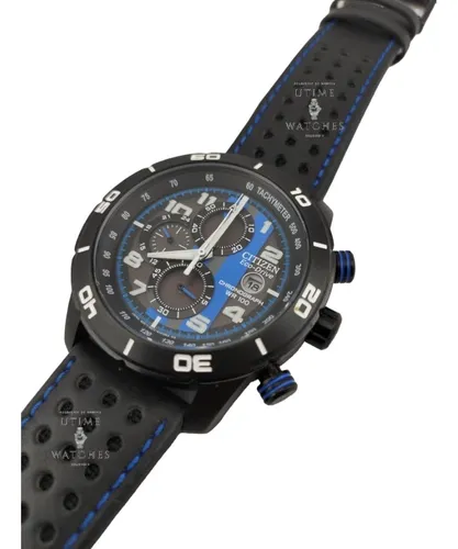 Reloj Citizen Primo Crono Sport Negro Con Azul Pulso Cuero
