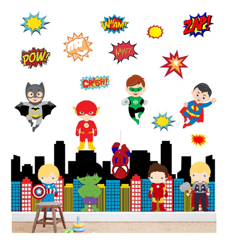 Vinilos Infantiles Ciudad Superheroes Bebes - Pared 2m