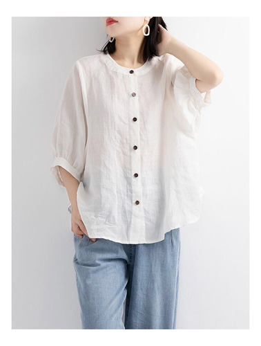 Camisa De Algodón Y Lino Con Manga De Farol Para Mujer