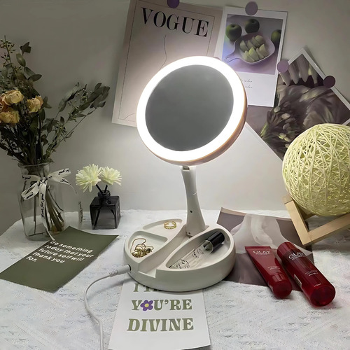 Espelho de maquiagem dobrável de dupla face com moldura branca, luz LED