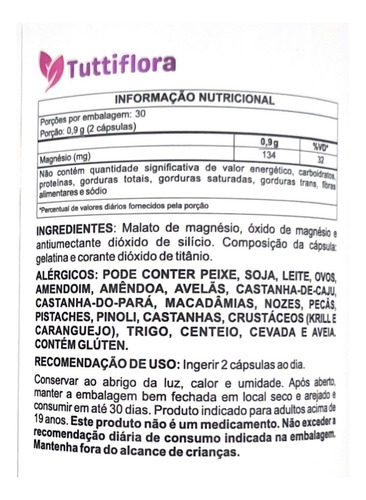 Magnésio Malato 60 Cápsulas De 500mg Tuttiflora
