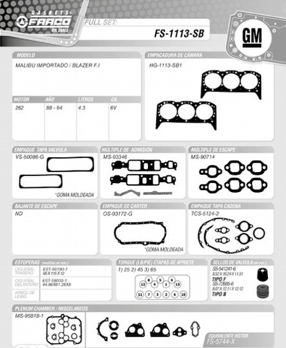 Juego De Empaque Para Blazer 262 Tbi Tapa Rayada