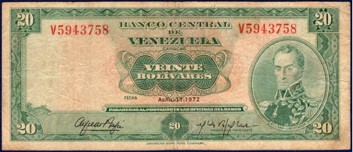 Billete De 20 Bolívares V7 Abril 11 1972 Simón Bolívar