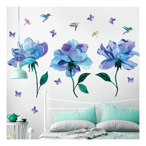 Adhesivo Decorativo Para Pared Diseño Flor Azule Pajaro