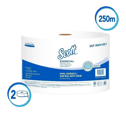 Imagen 1 de 5 de Papel Higienico Rollo Scott Essential,1h-250mtsx2uds