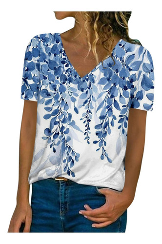 Top Con Botones Y Cuello En V De Manga Corta De Verano A La